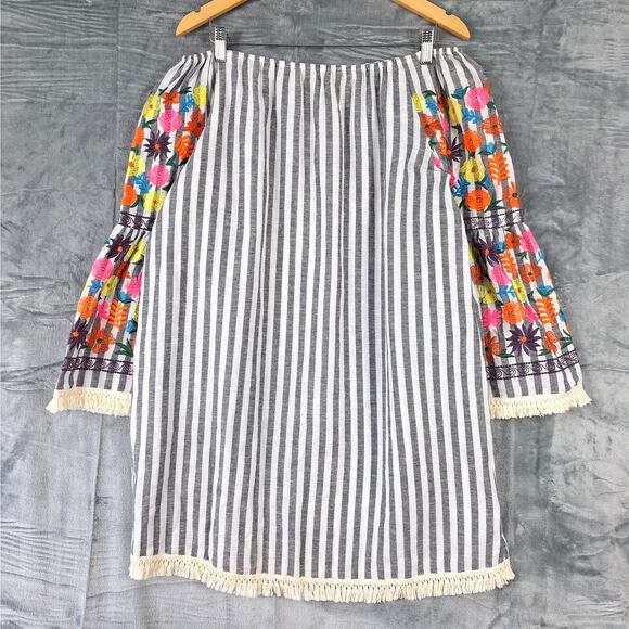 Womens Dress Medium Linen Boho Floral Embroidered Hippie Peasant Fringe Festival - Picture 1 of 7